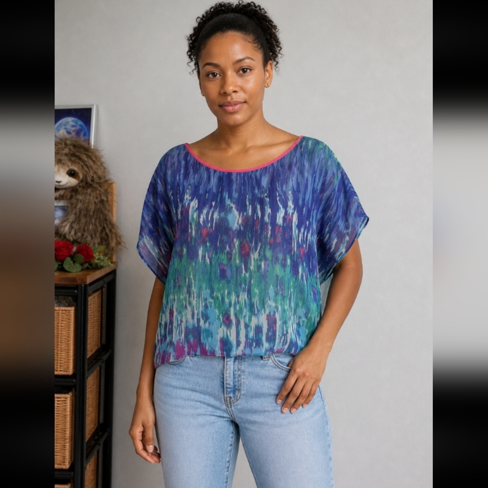 EXPRESS Watercolor Sheer Cold Shoulder Blouse Exposed Back Zipper S